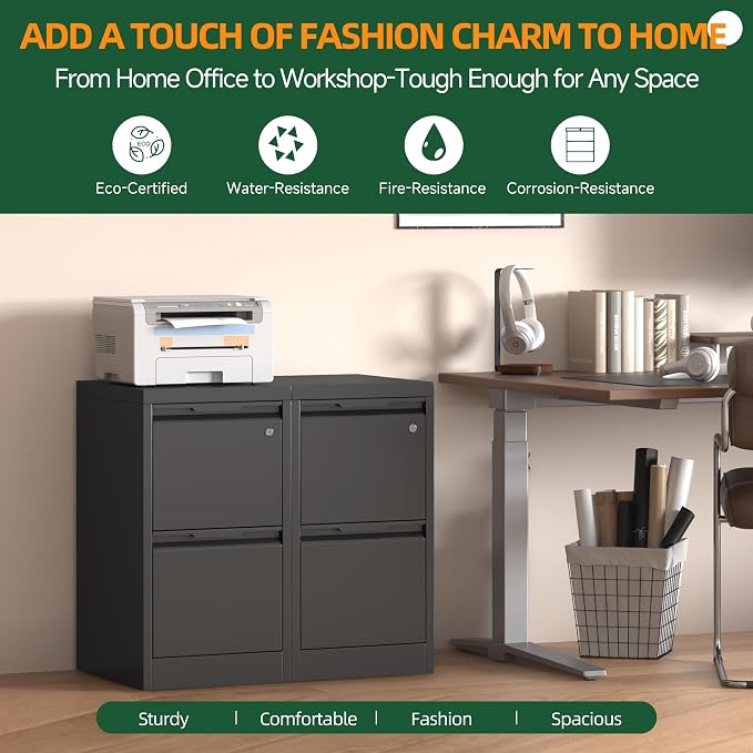2 Drawer File Cabinet with Lock, Filing Cabinets for Home Office | Small File Cabinet Under Desk, Lockable File Cabinet, Metal File Cabinet for Letter/Legal/A4/F4 Size, Assemble Required