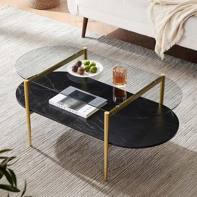 LumFurn Oval Glass Coffee Table, Mid-Century Modern Design, L41 x W21 x H17 inch, for Living Room, Grey Glass Top, Black Marble Finish Wood Shelf & Gold Finish Frame