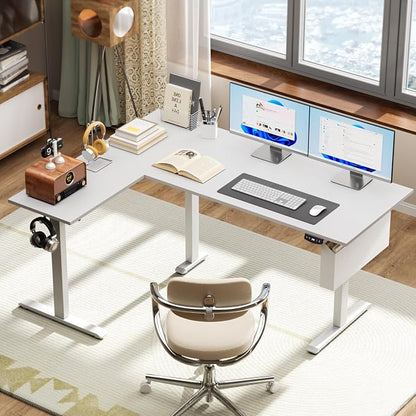 Korfile L Shaped Electric Standing Desk,63 Inch Adjustable Height Sit to Stand Corner Desk with Memory Presets, Reversible Computer Table for Home Office, Work and Study, White