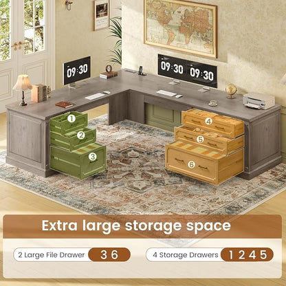 SEDETA Farmhouse 78.8" L Shaped Desk with 6 Drawers, Home Office Desk with Power Outlet, File Cabinet Storage, Wood Corner Computer Desk for Work and Study, Gray