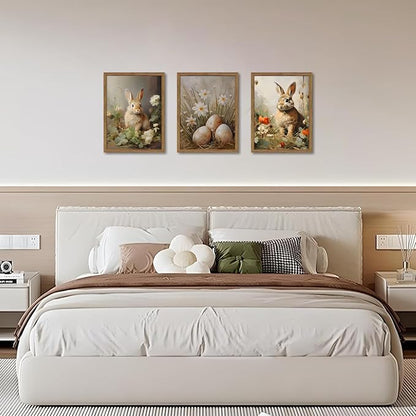 Vintage Easter Bunny Wall Art Set of 3, Spring Easter Rabbit Eggs Canvas Wall Decor Paintings, Rustic Farmhouse Animal Artwork Prints Pictures for Living Room Bedroom Bathroom 16x24 Inch Framed