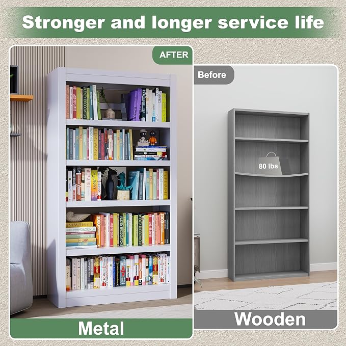 OSEILLC Metal Bookshelf, 5-Tier Bookcase, Modern Bookshelves with Adjustable Shelves, White Bookshelf for Home Office, Living Room, Garage, Small Space Living
