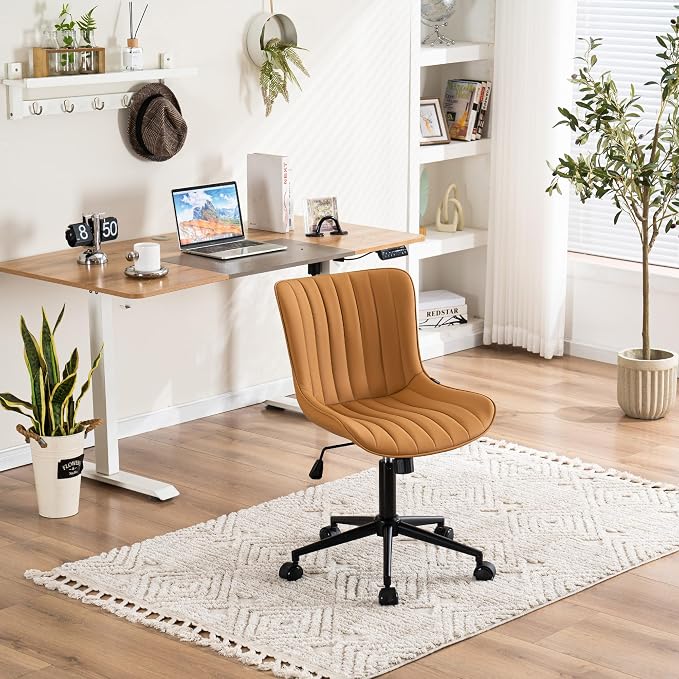 YOUNIKE Ergonomic Home Office Chair with Wheels Comfy Armless Desk Chair with Back Adjustable Height Modern Leather Upholstered Swivel Vanity Chair Small Cute Rolling Task Computer Chair Tan