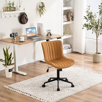 YOUNIKE Ergonomic Home Office Chair with Wheels Comfy Armless Desk Chair with Back Adjustable Height Modern Leather Upholstered Swivel Vanity Chair Small Cute Rolling Task Computer Chair Tan