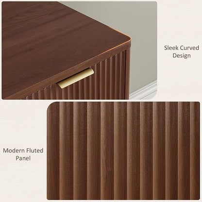 Whalefall 63'' Fluted L Shaped Desk with Drawers, Walnut | Corner Computer Desk with Charging Station, Modern Executive Home Office L Desk with File Cabinet Storage