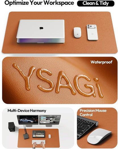 YSAGi Leather Desk Protector, Office Mat, Large Mouse Mat, Non-Slip PU Leather Blotter, Laptop Desk Mat, Waterproof Writing Pad for Office and Home (Brown, 35.4" x 17")
