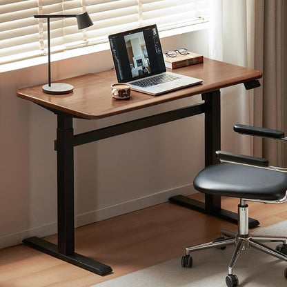Solid Wood Electric Height Adjustable Standing Desk, Walnut Rubber Wood Home Office Sit Stand Desk with Cable Management Tray for Study Living Room 47.24" W