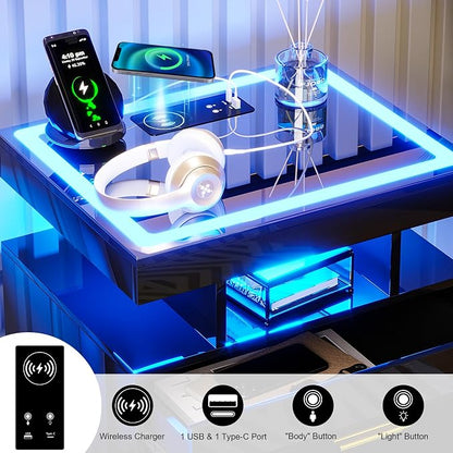 HNEBC LED Nightstand with Charging Station (USB,Type-C Ports) High Gloss Bedside Table with 2 Drawers, Smart Night Stand with Auto Sensor Lights,Modern Bed Side Table for Bedroom (Black)