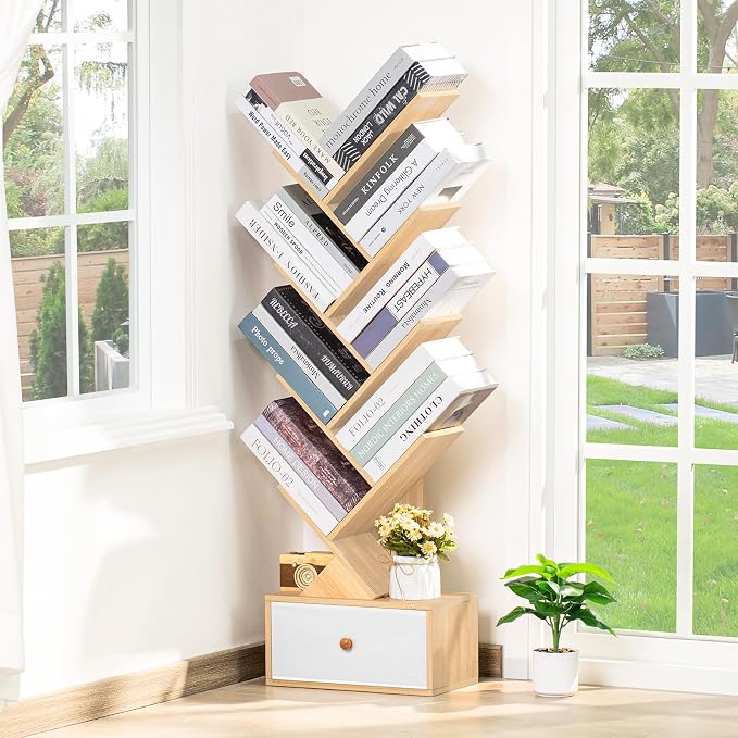 SHEEPAM 8 Tier Tree Bookshelf with Drawer, Free Standing Wood Bookcase for Narrow Space, Storage Organizer Bookshelves for Books, Book Case for Home Office, Living Room, Bedroom - Natural