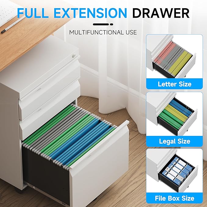 Bestoo Mobile File Cabinet with Lock, 3 Drawer Filing Cabinet, Under Desk Metal Rolling Filing Cabinets for Home Office, Fits Letter/Legal/A4 Size File, Easy Assembly
