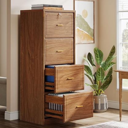 Tribesigns 4-Drawer File Cabinet with Lock, Locked File Cabinet with Key, Tall Wooden Filing Cabinets for Home Office, Vertical Office Storage for Legal Size/Letter/A4/Files, Brown