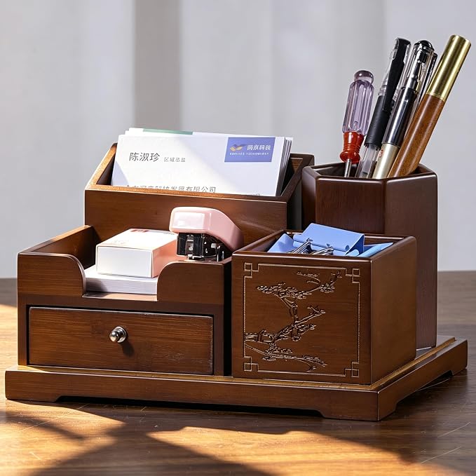 Bamboo Desk Organizer with Drawer, Pen Holder & Business Card Slot, Multi-Compartment Desktop Storage Caddy, Wood Desk Accessories for Office & Home Office, Dark Brown Finish
