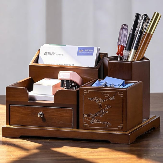 Bamboo Desk Organizer with Drawer, Pen Holder & Business Card Slot, Multi-Compartment Desktop Storage Caddy, Wood Desk Accessories for Office & Home Office, Dark Brown Finish