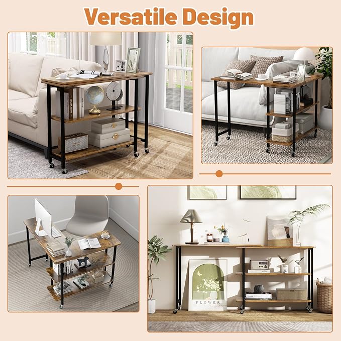 GOFLAME 360° Rotating Sofa Side Table, Mobile Couch Side End Table with 2-Tier Storage Shelves, Swivel Rolling Desk w/Metal Frame, 6 Casters, Movable Laptop Table for Home Office, Patented, Brown
