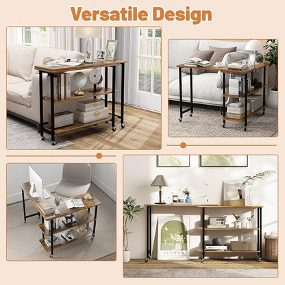 GOFLAME 360° Rotating Sofa Side Table, Mobile Couch Side End Table with 2-Tier Storage Shelves, Swivel Rolling Desk w/Metal Frame, 6 Casters, Movable Laptop Table for Home Office, Patented, Brown