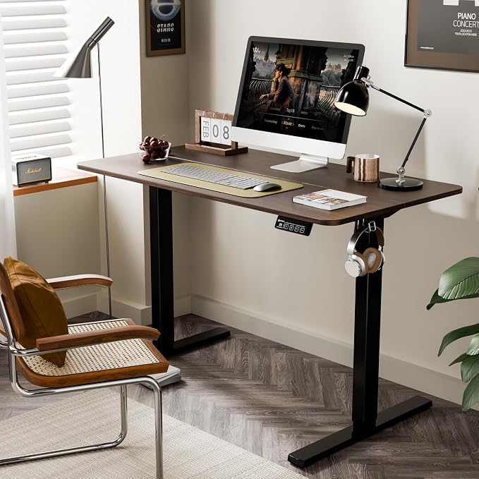 ERGOMAKER Electric Standing Desk, 43.3" x 23.6" Height Adjustable Sit Stand Desk with Splice Board for Home Office, Computer Desk Memory Preset (Black Frame, Walnut Desktop)