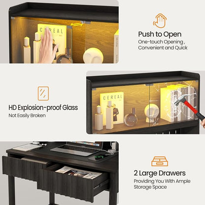 Lvifur 31.5" Small Study Desk with - Drawer & Hutch,Computer Desk with Charging Station,Compact Writing Desk with LED Reading Lights,Home Office Desks for Small Spaces,Bedroom Study Room,Black