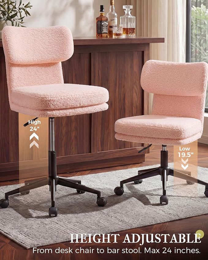 COMHOMA Vanity Chair with Ergonomic Curved Backrest, Home Office Desk Chair with Silent Wheel, Wide Seating Computer Chair for Girls Women Bedroom, Soft Teddy Fabric, Pink