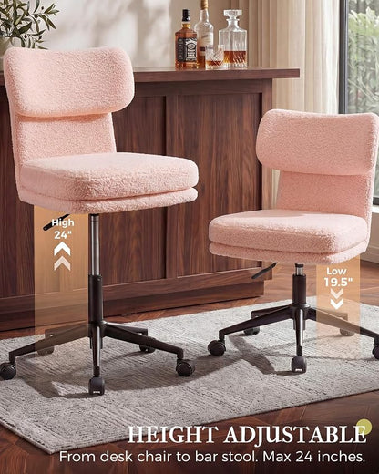 COMHOMA Vanity Chair with Ergonomic Curved Backrest, Home Office Desk Chair with Silent Wheel, Wide Seating Computer Chair for Girls Women Bedroom, Soft Teddy Fabric, Pink