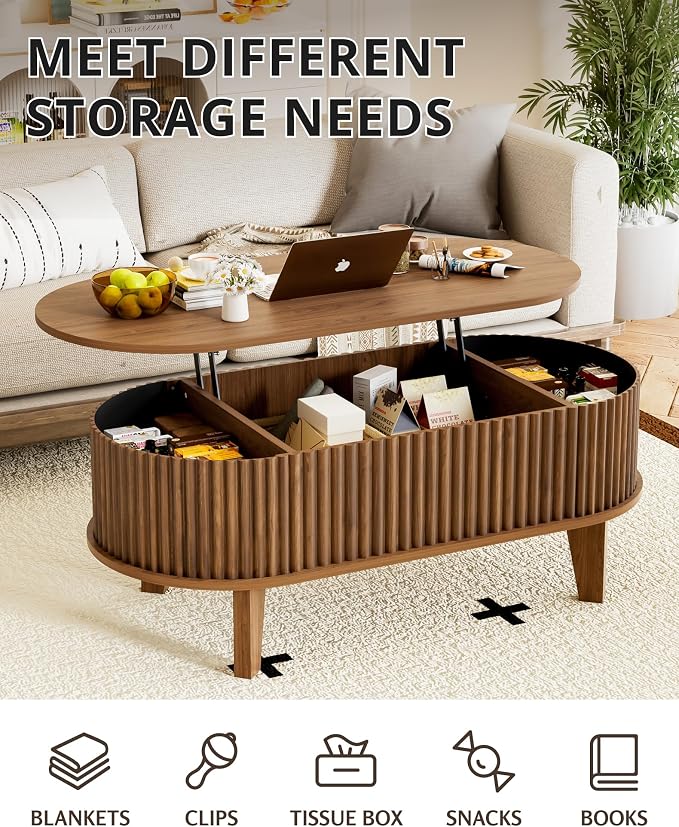 Oval Lift Top Coffee Table with Storage, 41" Wood Fluted Modern Living Room Center Table for Home Office, Walnut