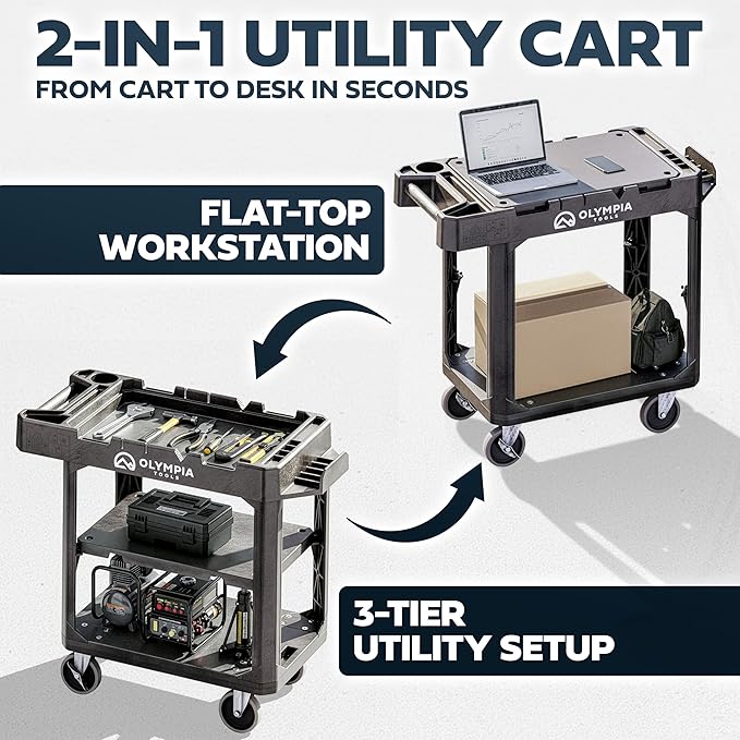 Olympia Tools 2-in-1 Heavy Duty Utility Work Cart, Rolling Tool Cart with Wheels, Convertible 3-Shelf to Flat Top Workstation, 660 Lb Capacity, Black