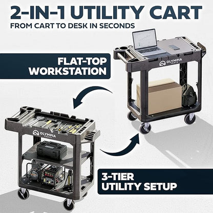 Olympia Tools 2-in-1 Heavy Duty Utility Work Cart, Rolling Tool Cart with Wheels, Convertible 3-Shelf to Flat Top Workstation, 660 Lb Capacity, Black