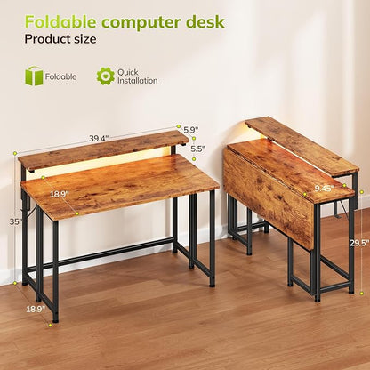 DurayLoly Computer Desk with RGB Light for Small Space, 39.4" Small Folding Desk for Space Saving Sofa Table for Couch, Home Office Desk with Monitor Stand, Easy to Fold with Hooks, Brown
