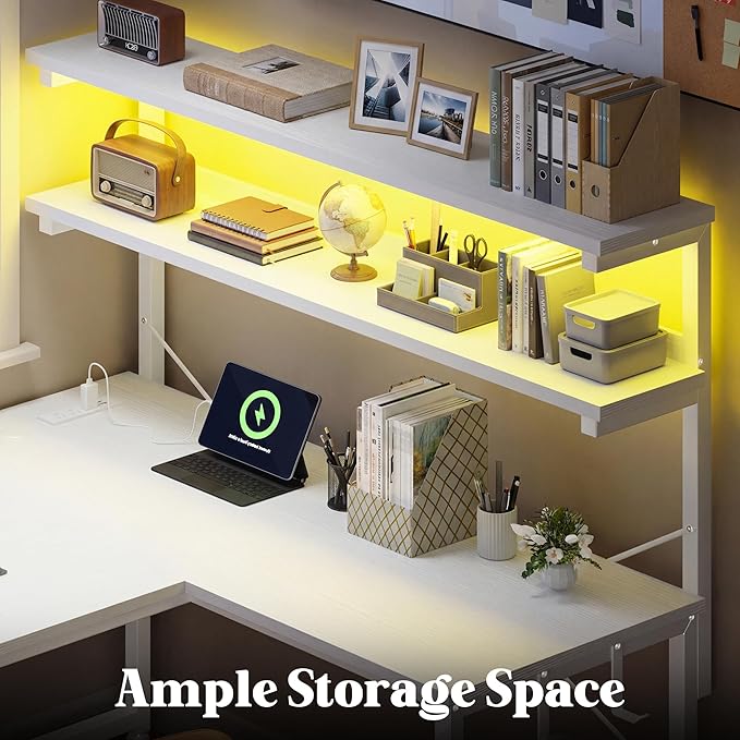 DurayLoly L Shaped Desk Computer Desk with LED Light & Power Outlet, 43.3 Inch Reversible White Desk with Shelf & Storage Bag & Hook for Home Office, White