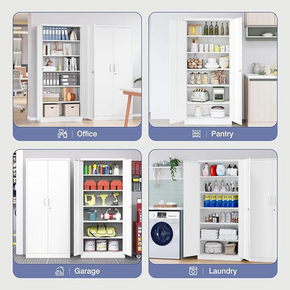 Metal Storage Cabinet with Lock,Tall White File Cabinet with 2 Doors and 5 Adjustable Shelves,Steel Storage Cabinets for Garage,Home Office,Pantry,School,Hospital