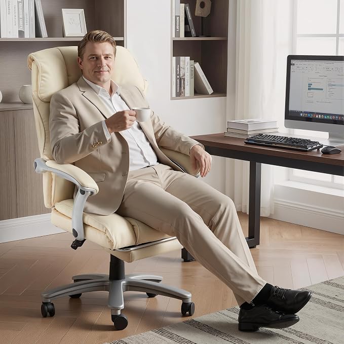 HOMREST Big and Tall Heavy Duty Office Chair 550LBS, Ergonomic Leather Executive Chair with 155° Recline, Large Back Pocket &Footrest, Computer Desk Chair for Heavy People, Beige