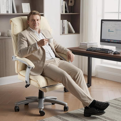HOMREST Big and Tall Heavy Duty Office Chair 550LBS, Ergonomic Leather Executive Chair with 155° Recline, Large Back Pocket &Footrest, Computer Desk Chair for Heavy People, Beige