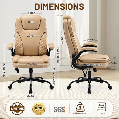 Ergonomic Office Chair, PU Leather High Back Executive Chair with Adjustable Inflatable Lumbar Support and Padded Flip-Up Arms, Recline Swivel Task Computer Chair for Home Office, Khaki