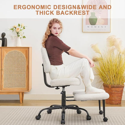 Ergonomic Cross Legged Office Chair for ADHD Adults, Criss Cross Desk Chair with Back Support, Swivel Meditation Chair with Wheels, Adjustable Height (White, Teddy Fabric)