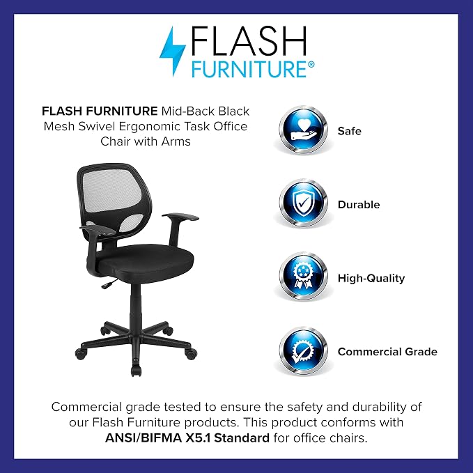 Flash Furniture Flash Fundamentals Mid-Back Black Mesh Swivel Ergonomic Task Office Chair with Arms