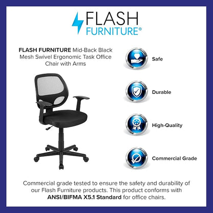 Flash Furniture Flash Fundamentals Mid-Back Black Mesh Swivel Ergonomic Task Office Chair with Arms