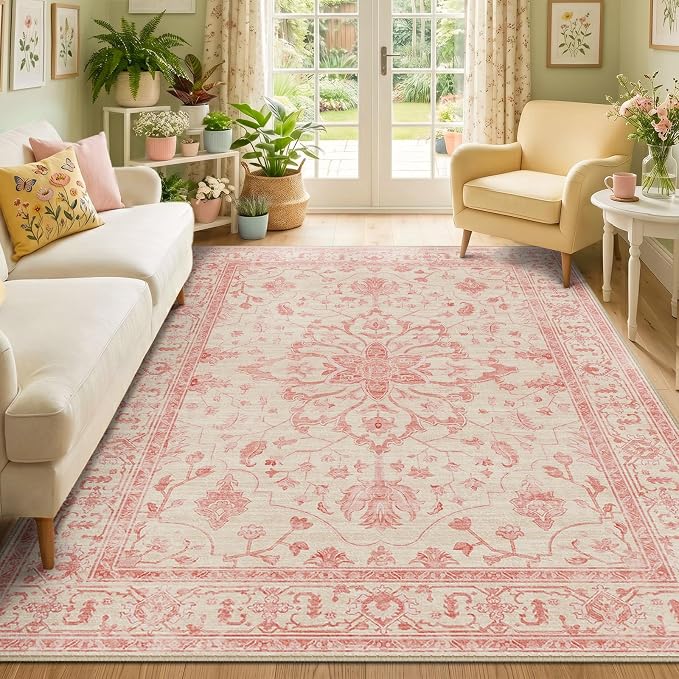 RELEANY Area Rugs 5'x7' Washable Non-Slip, Floral Vintage Distress Medallion Carpet for Living Room Bedroom Dining Room, Pink Light Vintage Pink