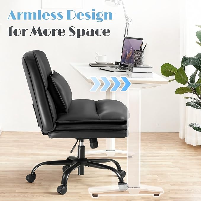 Furmax Criss Cross Legged Office Chair with Wheels, Armless Extra Wide Seat Swivel Desk Chair, Adjustable Height Comfy Task Chair with Thick Cushion for Home Office Bedroom Vanity (PU Leather, Black)