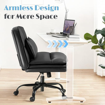 Furmax Criss Cross Legged Office Chair with Wheels, Armless Extra Wide Seat Swivel Desk Chair, Adjustable Height Comfy Task Chair with Thick Cushion for Home Office Bedroom Vanity (PU Leather, Black)