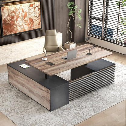 SAINTCY 70.87In L Shaped Executive Standing Desk with Drawers, Large Modern Adjustable Heigh Home Office Desk w/Universal Charging Ports, Business Workstation, Black and Warm Oak