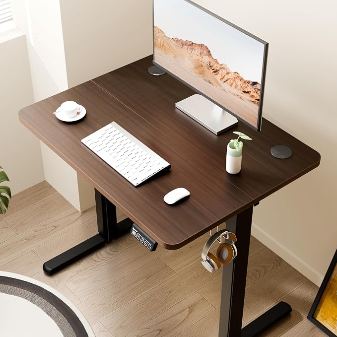 ERGOMAKER Electric Standing Desk, 31.5" x 23.6" Height Adjustable Sit Stand Desk with Splice Board for Home Office, Computer Desk Memory Preset (Black Frame, Walnut Desktop)