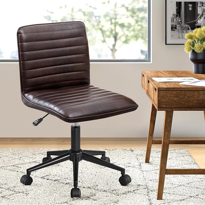 Furniliving PU Leather Office Desk Chair, Armless Vanity Chair with Wheels 360° Swivel Mid Back Height Adjustable, Computer Rolling Chairs with Gold Metal Base Stool, Black Brown