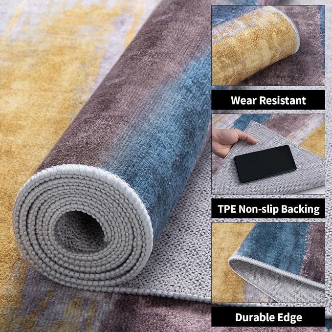 Ciicool 2'6"x10' Washable Runner Rug, Modern Abstract Hallway Rugs Runner, Non-Slip Thin Accent Rug Lightweight Yellow Grey Distressed Carpet Runners for Laundry Entryway Bedroom Kitchen Indoor