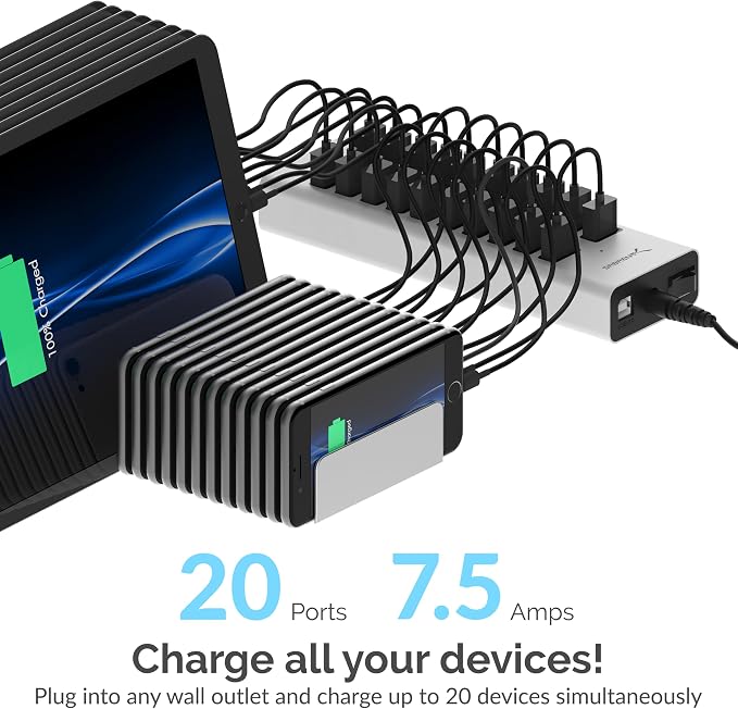 SABRENT 90W 20 Port USB 2.0 Fast Charger, 12V Power Supply Included (AX-P20C)