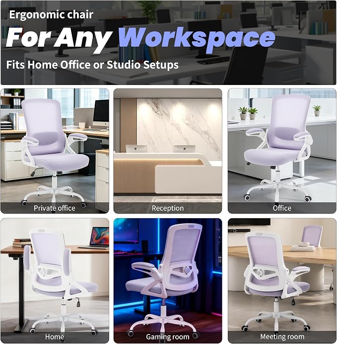 Executive Office Chair with Adjustable Lumbar Support Flip-Up Arms,Lavender | Executive Mesh Office Chair with Adjustable Lumbar Support, Flip-Up Arms, Thick Foam Seat, Swivel Rolling Chair, 400lbs