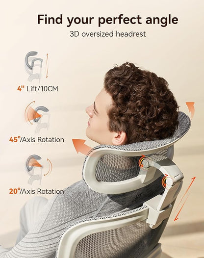 SIHOO B100 Pro Ergonomic Office Chair, Office Chair with Adaptive Lumbar Support, Computer Chair with Dual-Back, Desk Chair with 360° Rotatable & Flip-Up Armrests, 3D Wide Headrest, Light Grey