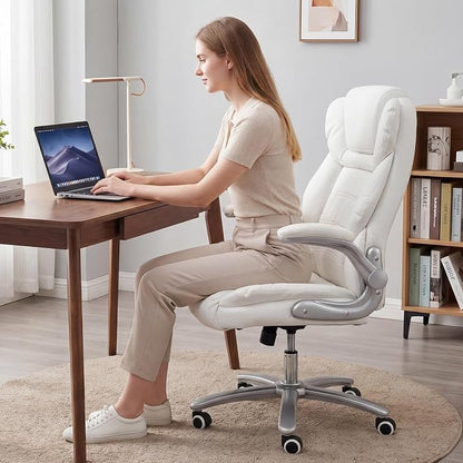 GYI Big and Tall 400lb Office Chair, Leather Executive Desk Chair, White | 24"Wide Seat, High Back, Space-Saving Flip-up Arms, Lumbar Support, Heavy Duty Base, Home, Conference Room