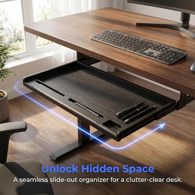 jojofuny Under Desk Keyboard Tray with Pen Organizer, Screw-Mounted Slide-Out Organizer Drawer, 20x10 inches Space-Saving Under Desk Shelf for Mouse, Pens & Office Supplies