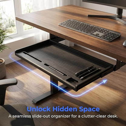jojofuny Under Desk Keyboard Tray with Pen Organizer, Screw-Mounted Slide-Out Organizer Drawer, 20x10 inches Space-Saving Under Desk Shelf for Mouse, Pens & Office Supplies