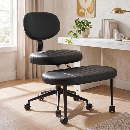 Cross Legged Office Chair with Wheels, 360 Swivel Height-Adjustable Meditation Chair with Lumbar Support, PU Leather, Black