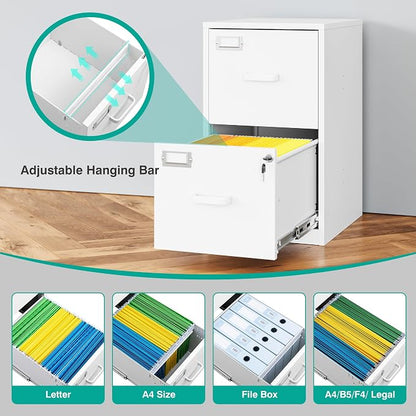 SISESOL 2 Drawer File Cabinet with Lock,Narrow Vertical Filing Cabinet,Under Desk File Cabinets,White Metal File Cabinets for Home Office,Fit Letter/A4/Legal Size File,Easy Assembly